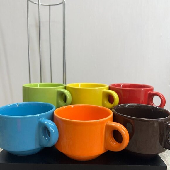 Pier 1 Imports Ceramic Stackable Coffee Mug Set of 6 Multicolor with Stand - Picture 4 of 12